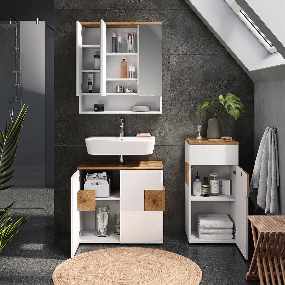 Close-up of Mobiletto bagno in Bianco, showing design and surface details