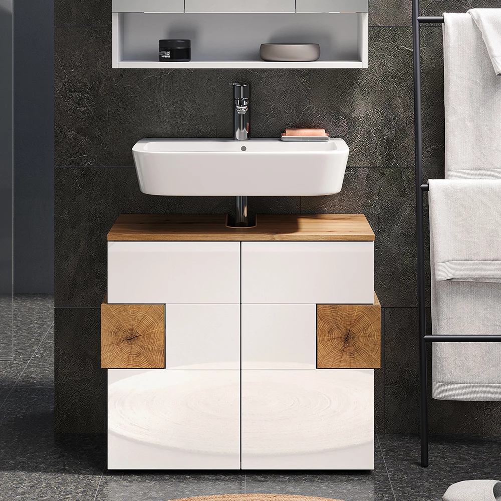 Waschbeckenunterschrank in Weiß, dargestellt im Ambiente mit Dekoration