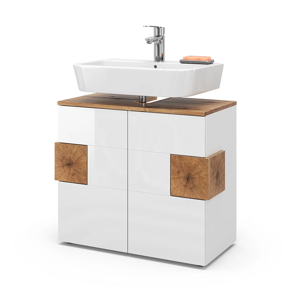 Waschbeckenunterschrank in Weiß auf weißem Hintergrund mit dekorativen Elementen