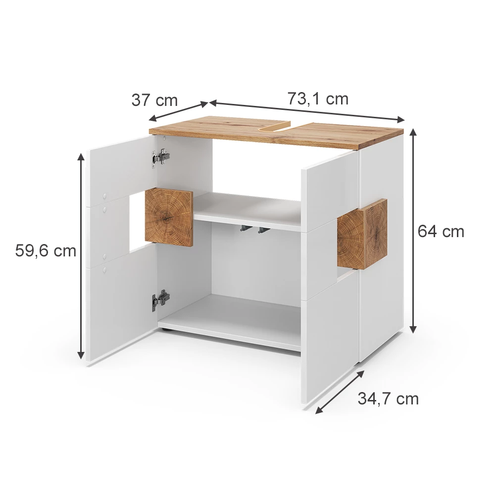 Waschbeckenunterschrank in Weiß auf weißem Hintergrund mit sichtbaren Maßen