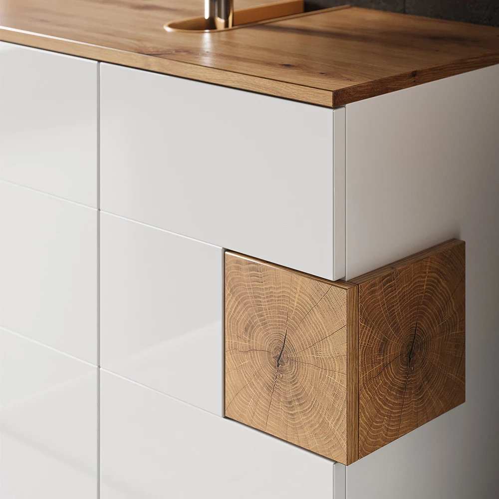 Nahaufnahme von Badmöbel-Set in Weiß, zeigt Textur/Details