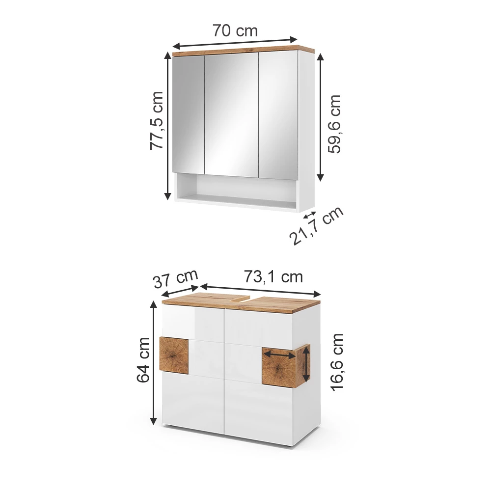 Badmöbel-Set in Weiß auf weißem Hintergrund mit sichtbaren Maßen
