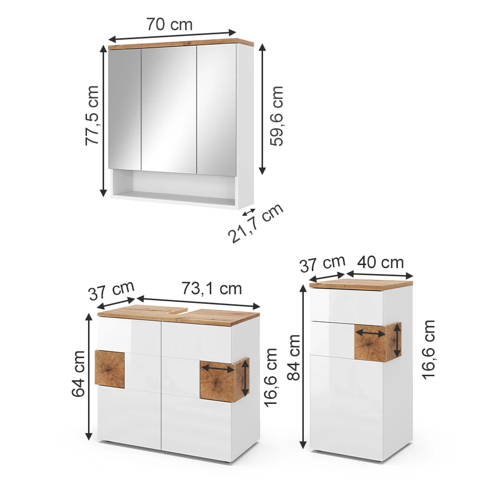 Set di mobili da bagno in Bianco on white background with visible dimensions