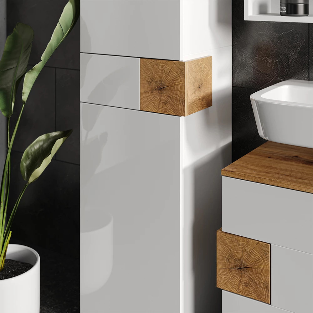 Nahaufnahme von Badmöbel-Set in Weiß, zeigt Textur/Details