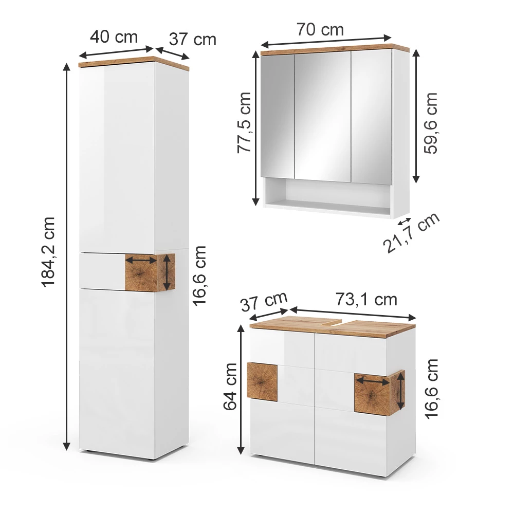 Badmöbel-Set in Weiß auf weißem Hintergrund mit sichtbaren Maßen