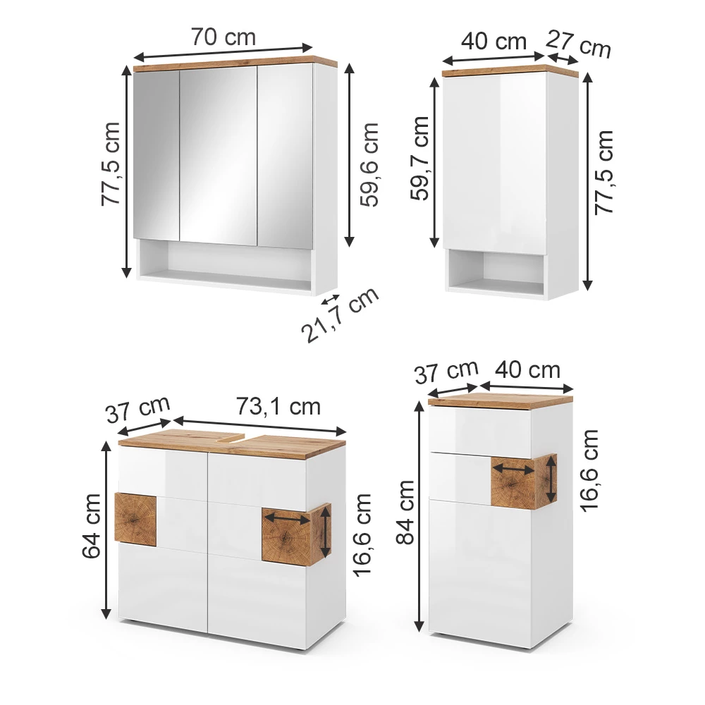Badmöbel-Set in Weiß auf weißem Hintergrund mit sichtbaren Maßen