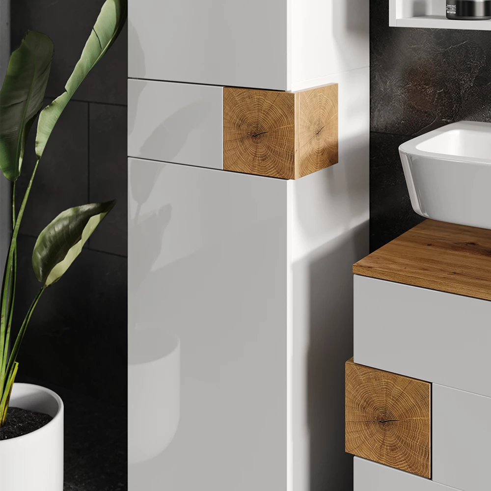 Nahaufnahme von Badmöbel-Set in Weiß, zeigt Textur/Details