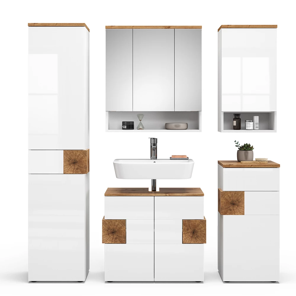 Badmöbel-Set in Weiß auf weißem Hintergrund mit dekorativen Elementen