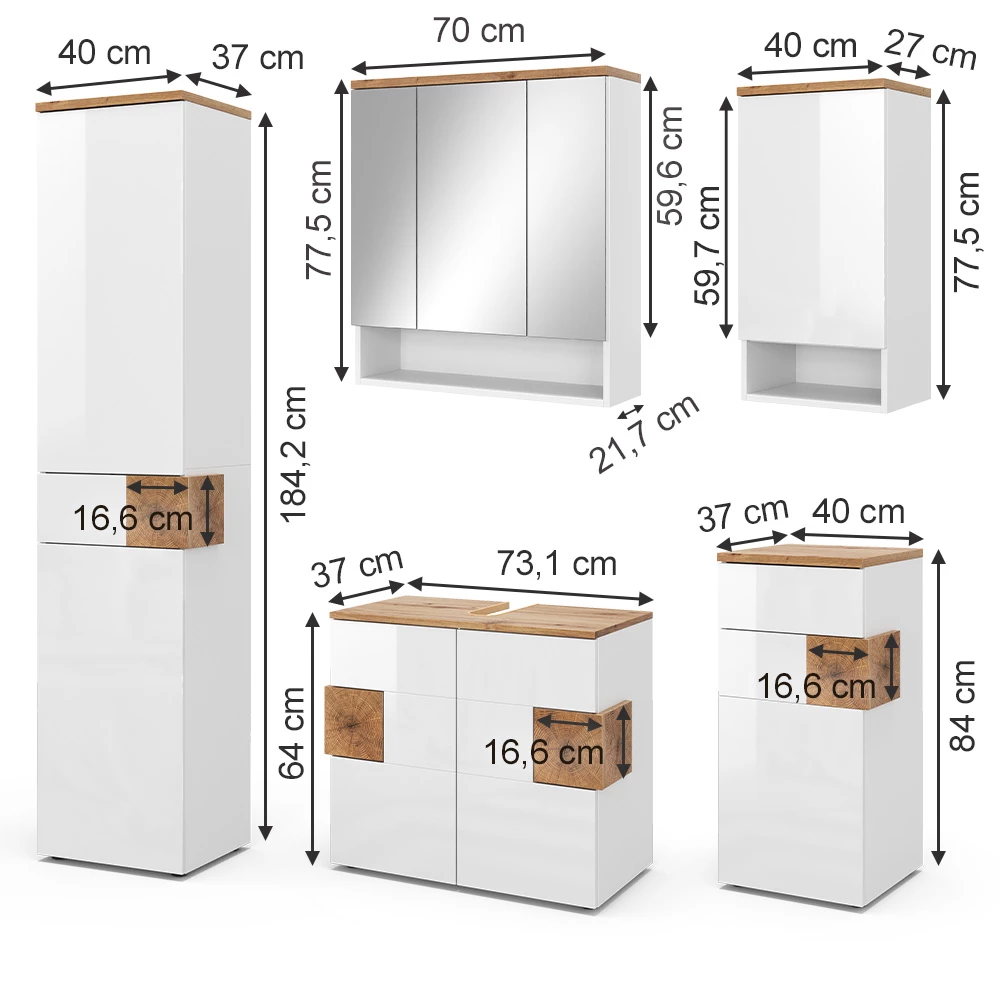 Badmöbel-Set in Weiß auf weißem Hintergrund mit sichtbaren Maßen