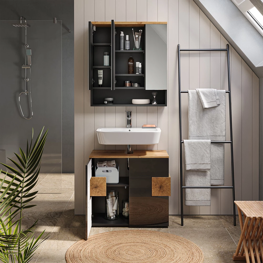 Fürdőszobabútor szett közeli kép Antracit színben, a dizájn és a felület részleteinek bemutatásával