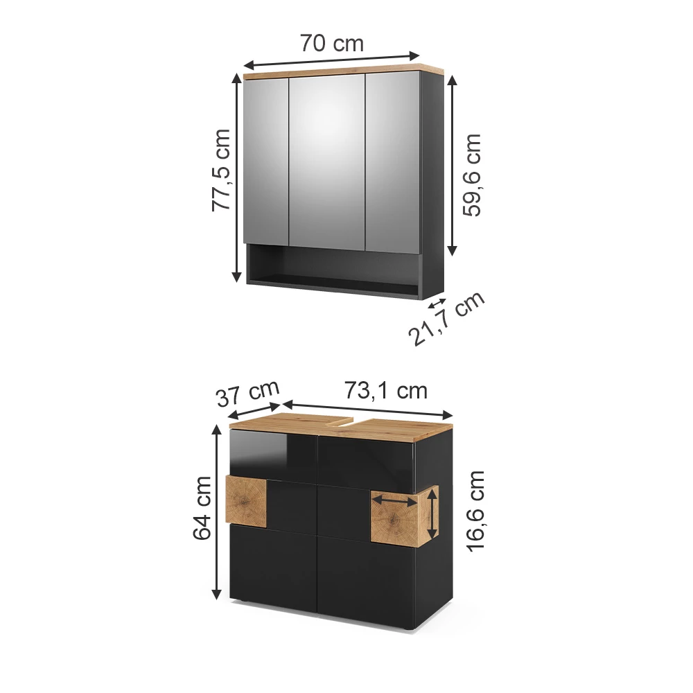 Fürdőszobabútor szett Antracit színben fehér háttéren, látható méretekkel