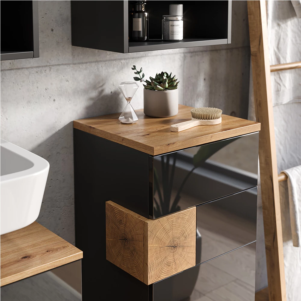 Fürdőszobabútor szett közeli kép Antracit színben, textúra/részletek bemutatásával