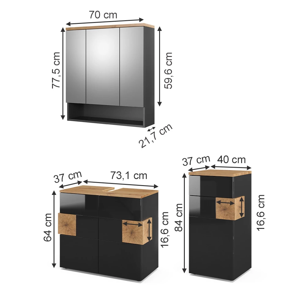 Fürdőszobabútor szett Antracit színben fehér háttéren, látható méretekkel