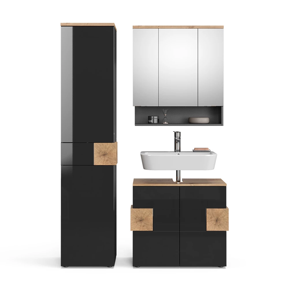 Fürdőszobabútor szett Antracit színben fehér háttéren dekoratív elemekkel