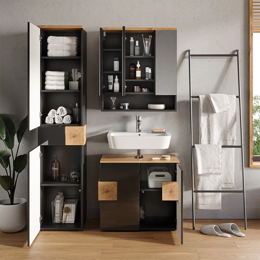 Close-up of Bathroom furniture set in Anthracite, showing design and surface details