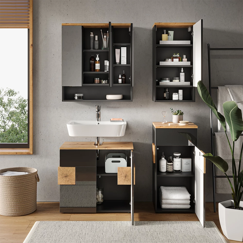 Prikaz izbliza Set Kupaonskog Namještaja u boji Antracit  , prikazuje dizajn i površinske detalje