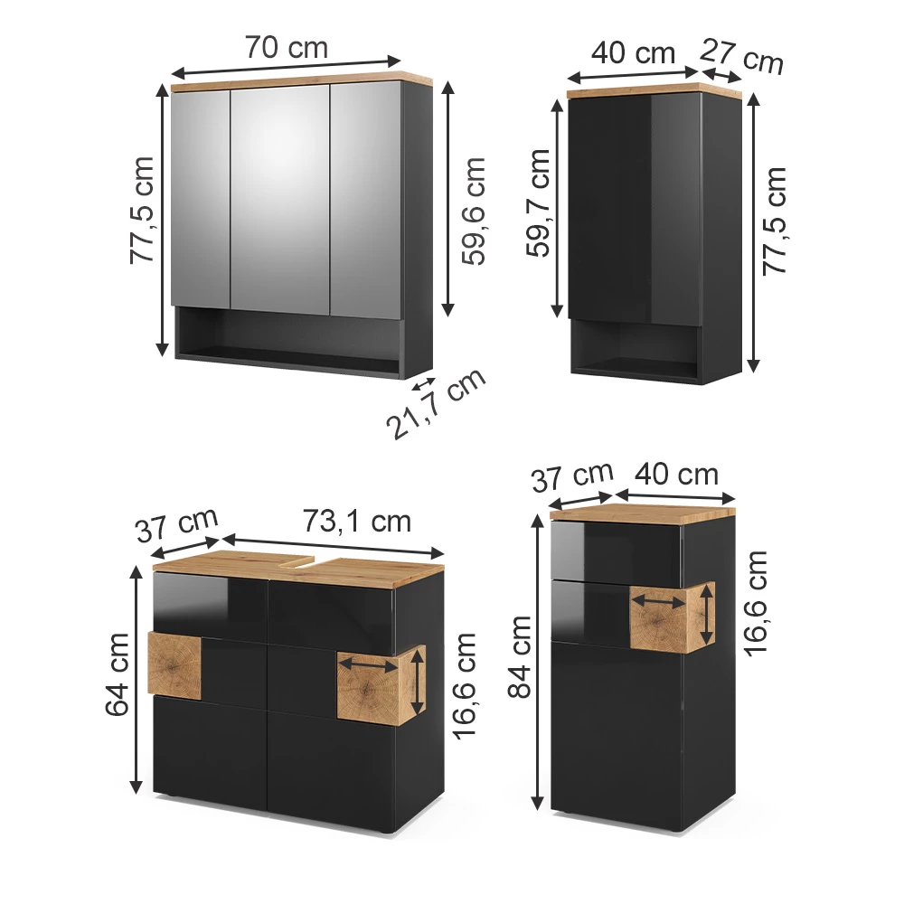 Set Kupaonskog Namještaja u boji Antracit   na bijeloj pozadini s vidljivim dimenzijama