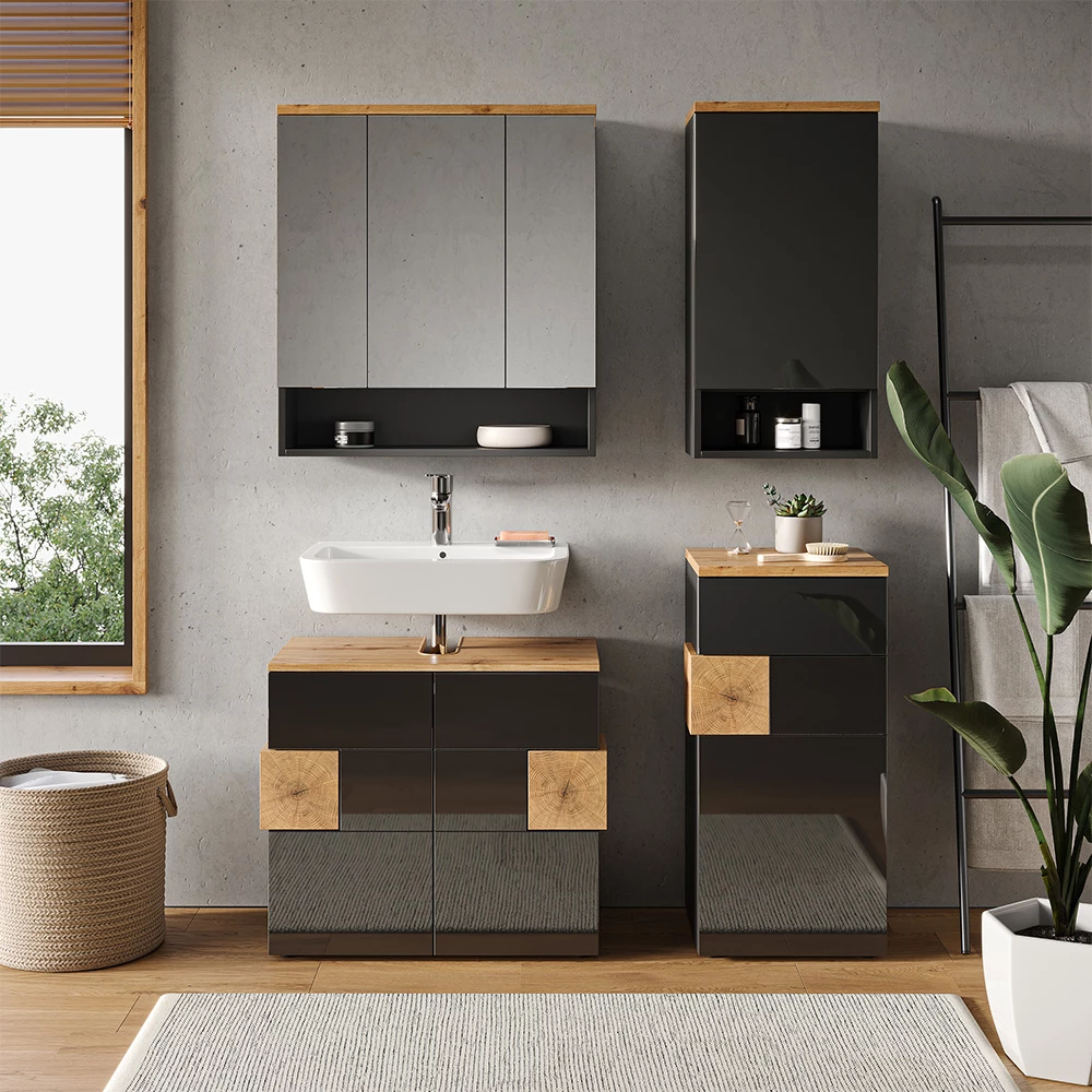 Set Kupaonskog Namještaja u boji Antracit  , prikazan u ambijentalnom okruženju s dekoracijom