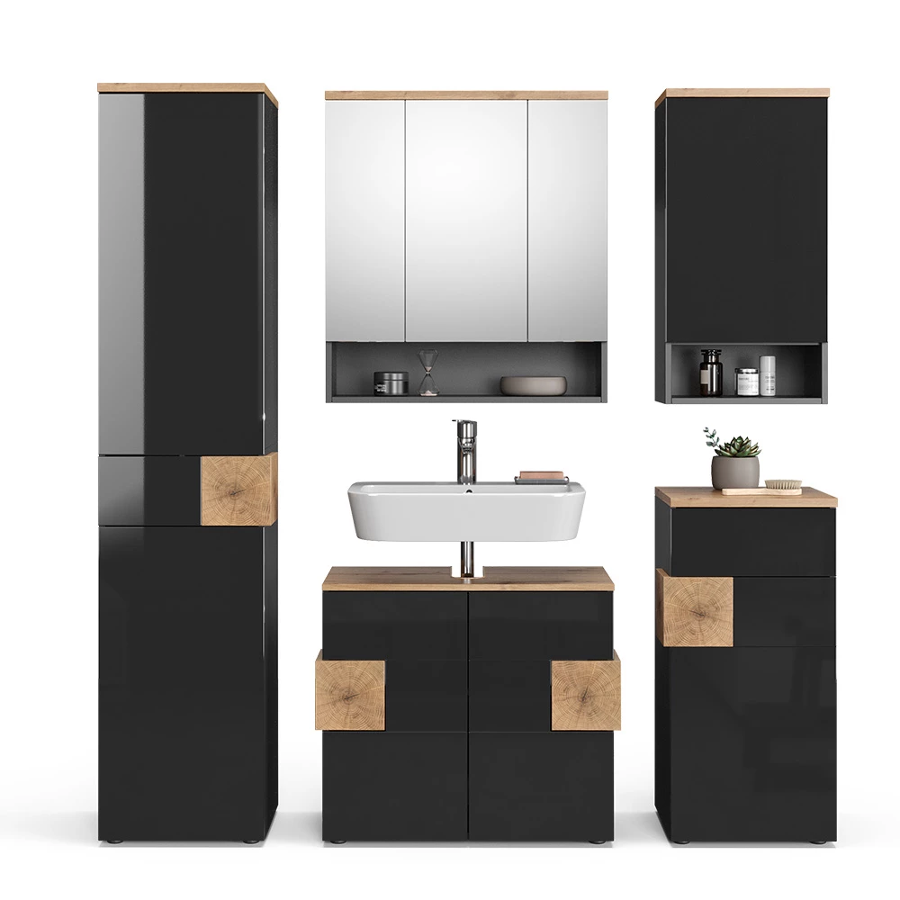 Sada kúpeľňového nábytku in antracitová on white background with decorative elements