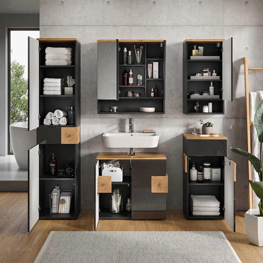 Close-up of Sada kúpeľňového nábytku in antracitová, showing design and surface details