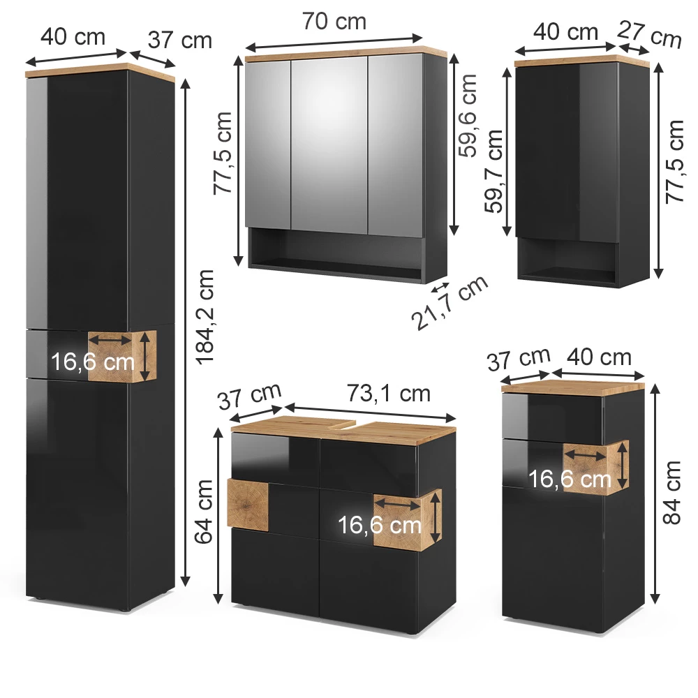 Sada kúpeľňového nábytku in antracitová on white background with visible dimensions
