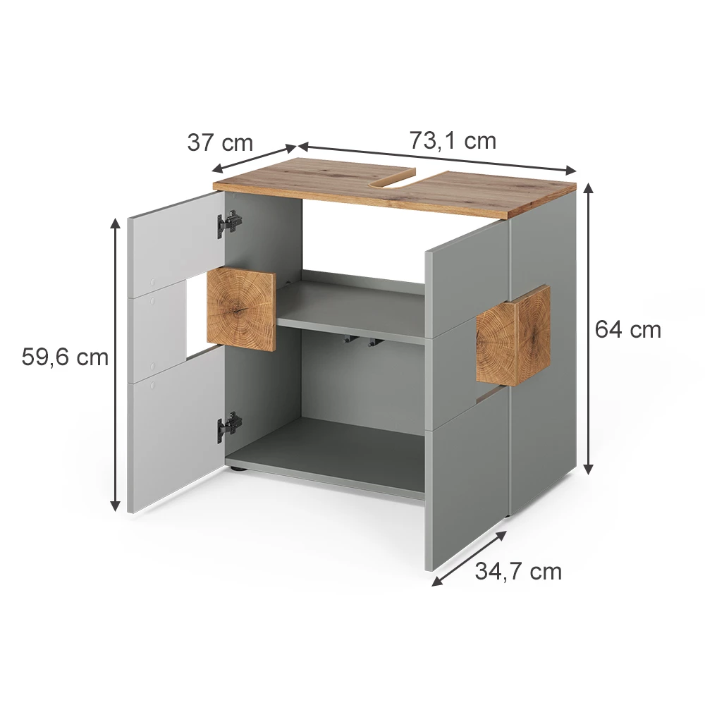 Waschbeckenunterschrank in Grau auf weißem Hintergrund