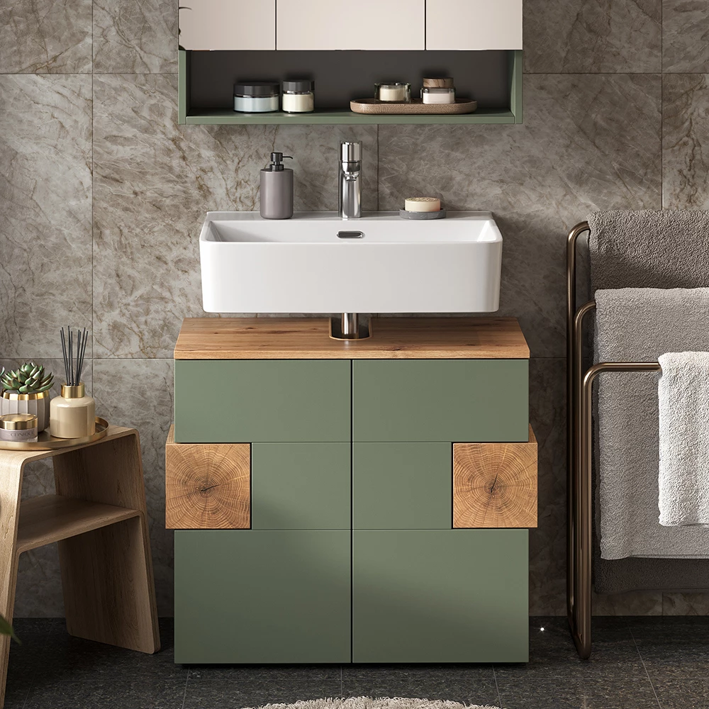 Wastafelonderkast in Groen shown in ambient setting with decoration