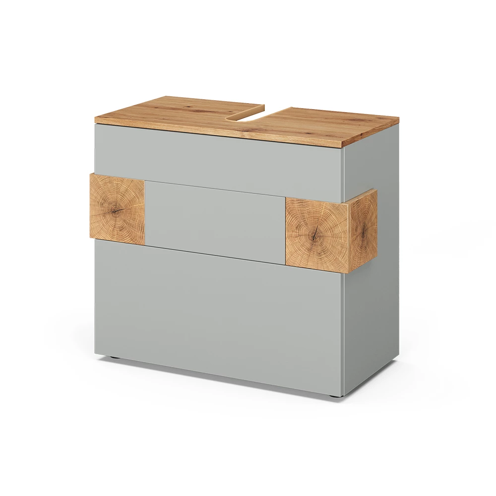 Waschbeckenunterschrank in Grau auf weißem Hintergrund