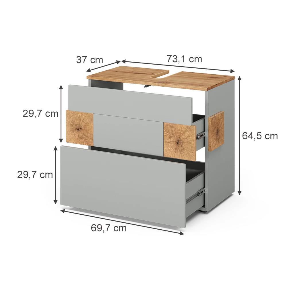 Waschbeckenunterschrank in Grau auf weißem Hintergrund