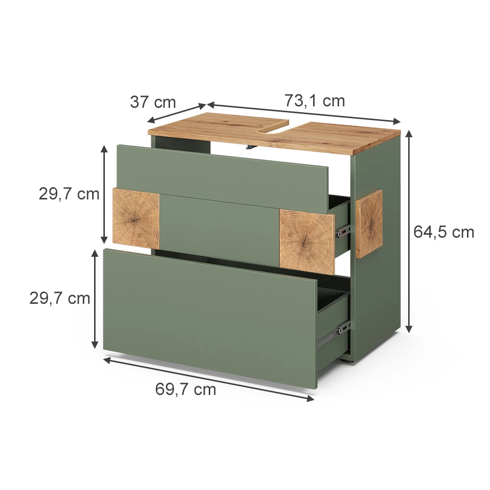 Waschbeckenunterschrank in Grün auf weißem Hintergrund