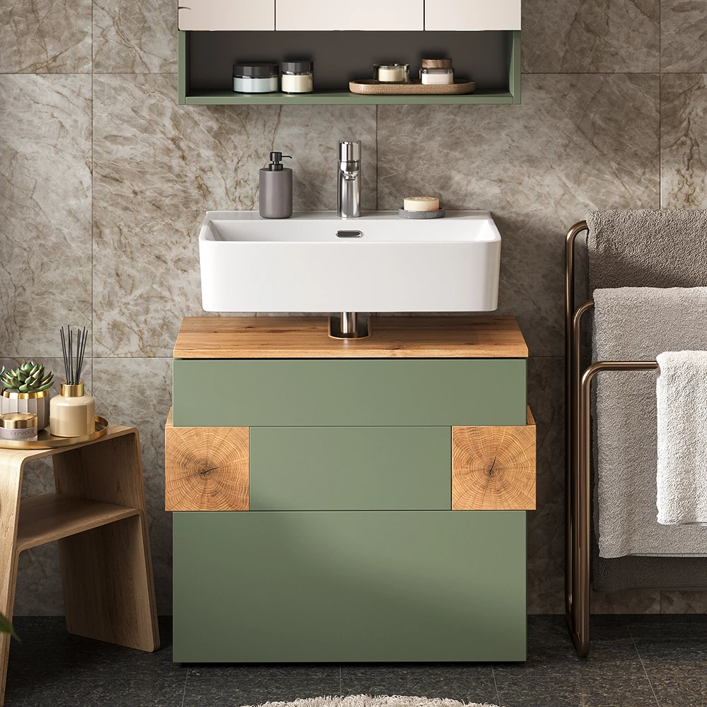 Wastafelonderkast in Groen shown in ambient setting with decoration