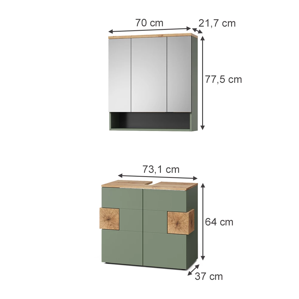 Badmöbel-Set in Grün auf weißem Hintergrund