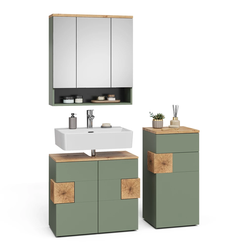 Badkamermeubelset in Groen on white background with decorative elements