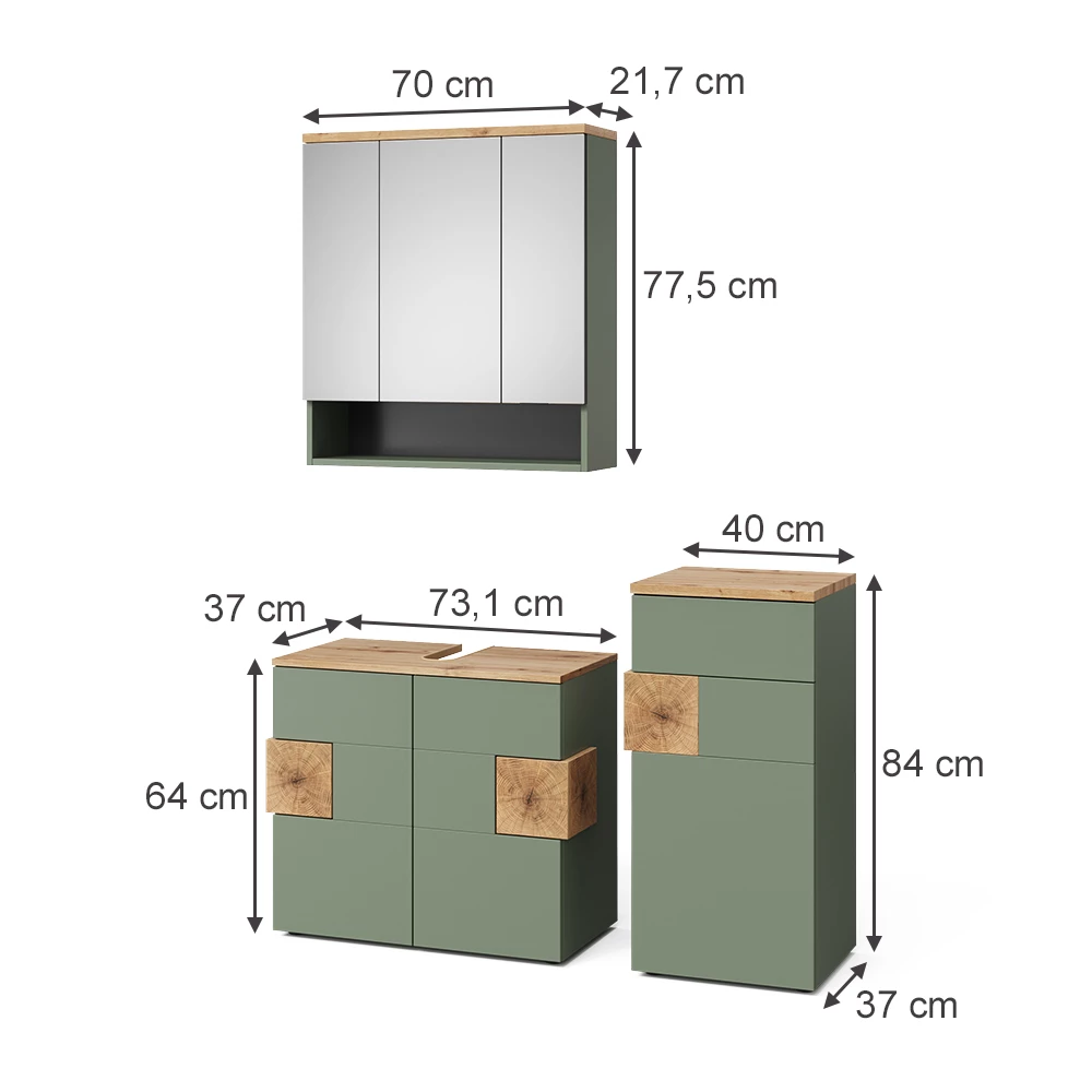 Badmöbel-Set in Grün auf weißem Hintergrund