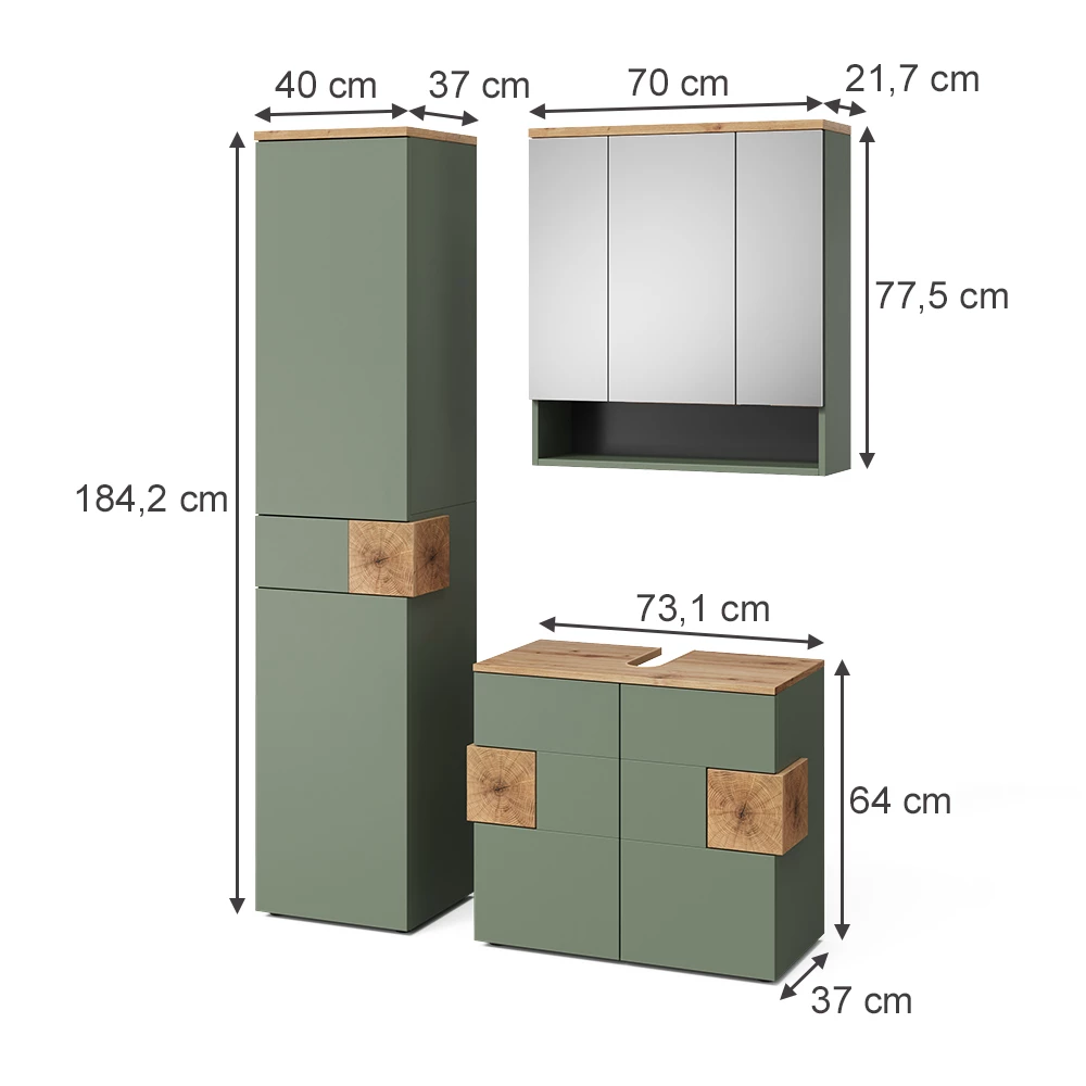 Badmöbel-Set in Grün auf weißem Hintergrund