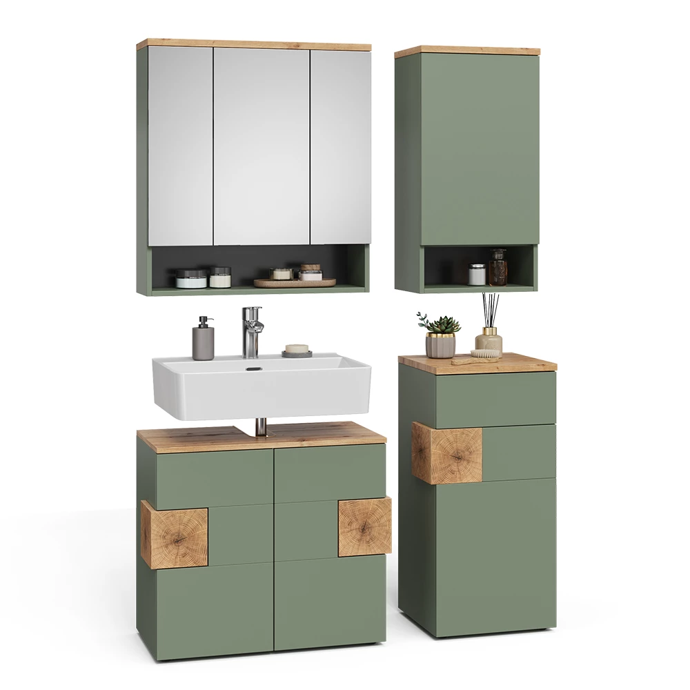 Badkamermeubelset in Groen on white background with decorative elements