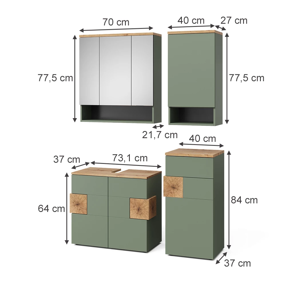 Badmöbel-Set in Grün auf weißem Hintergrund