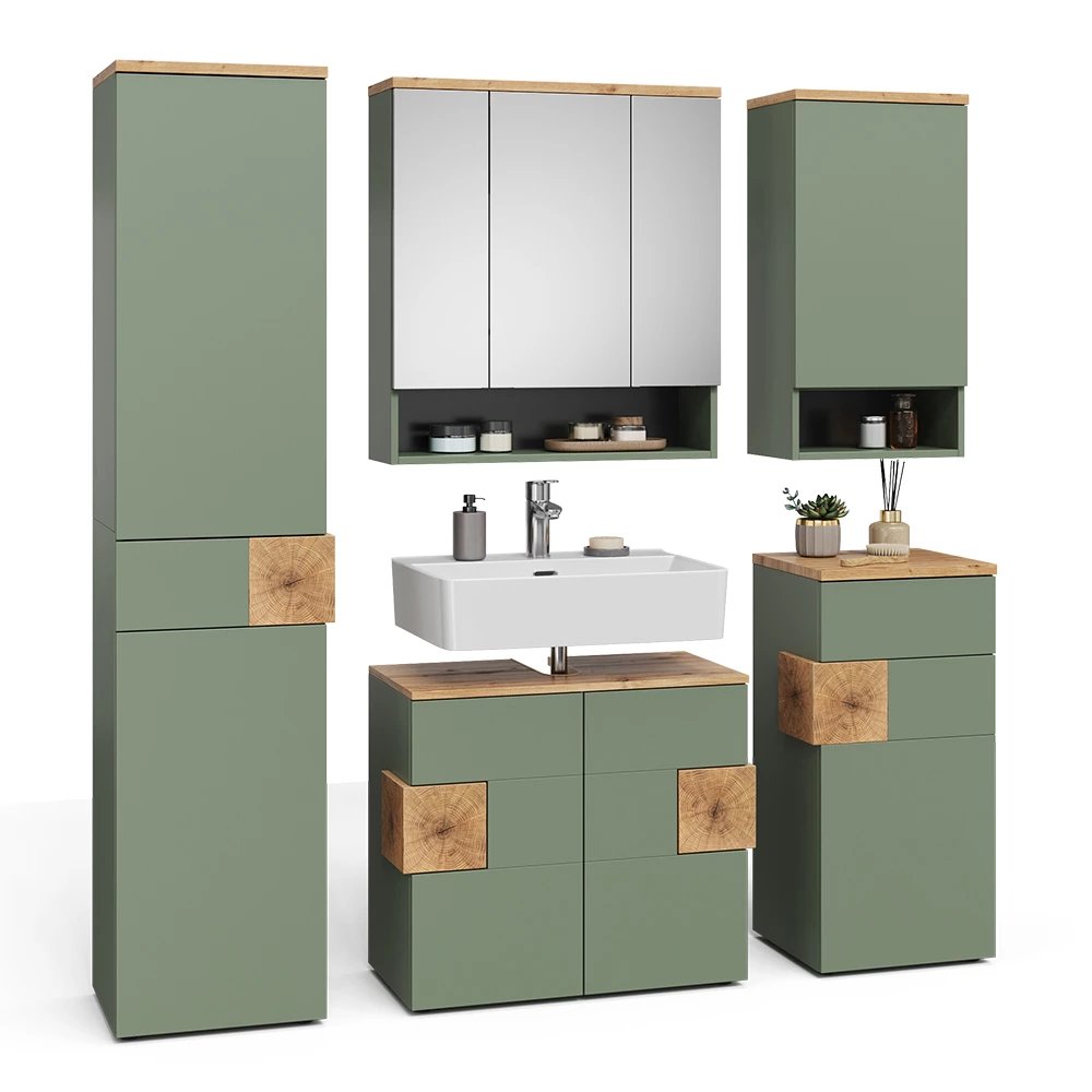 Badkamermeubelset in Groen on white background with decorative elements