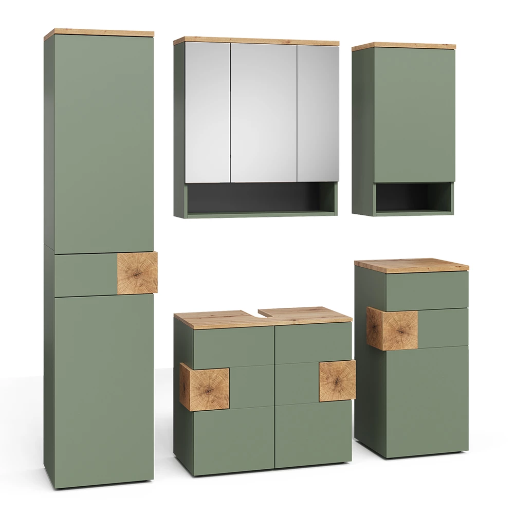 Badmöbel-Set in Grün auf weißem Hintergrund