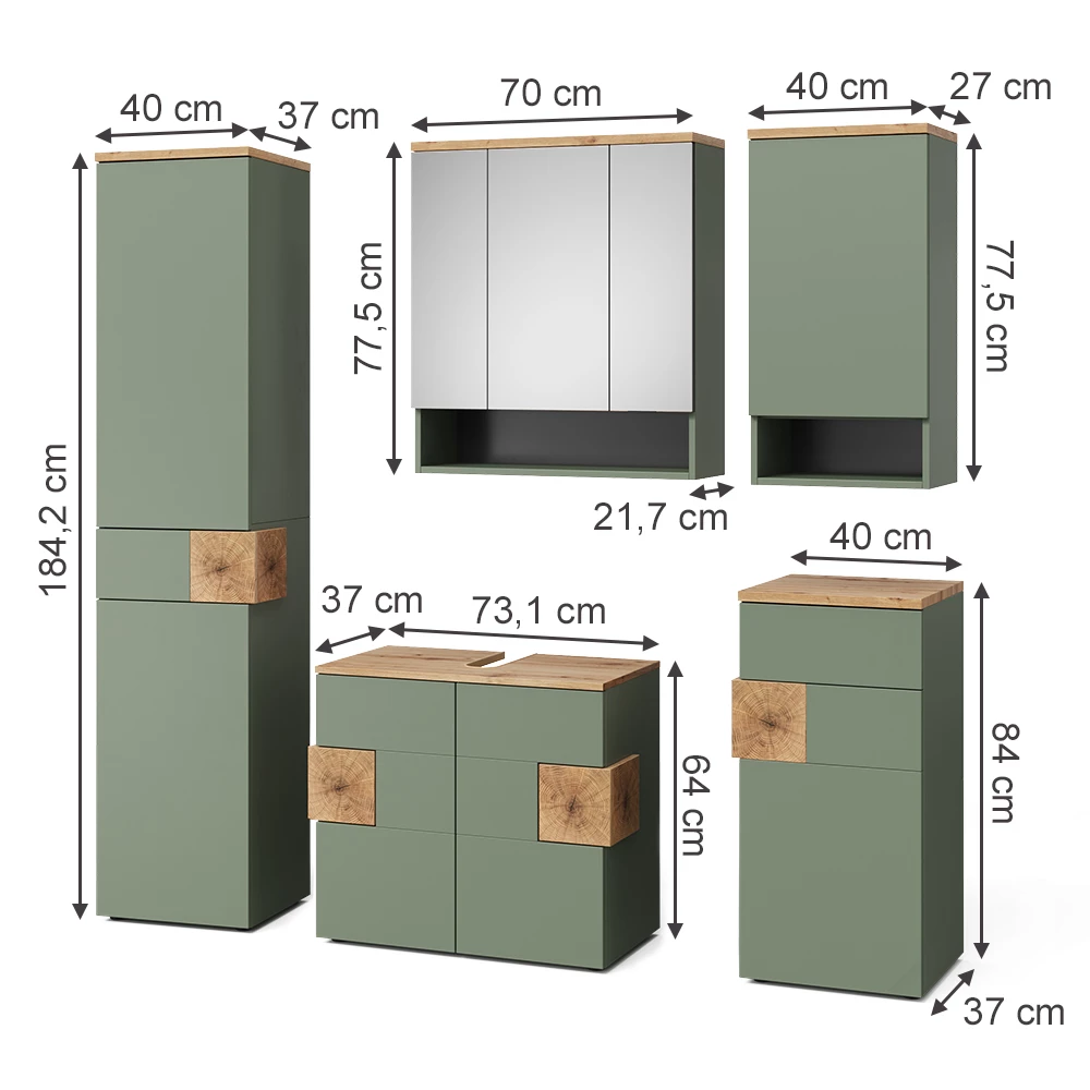 Badmöbel-Set in Grün auf weißem Hintergrund
