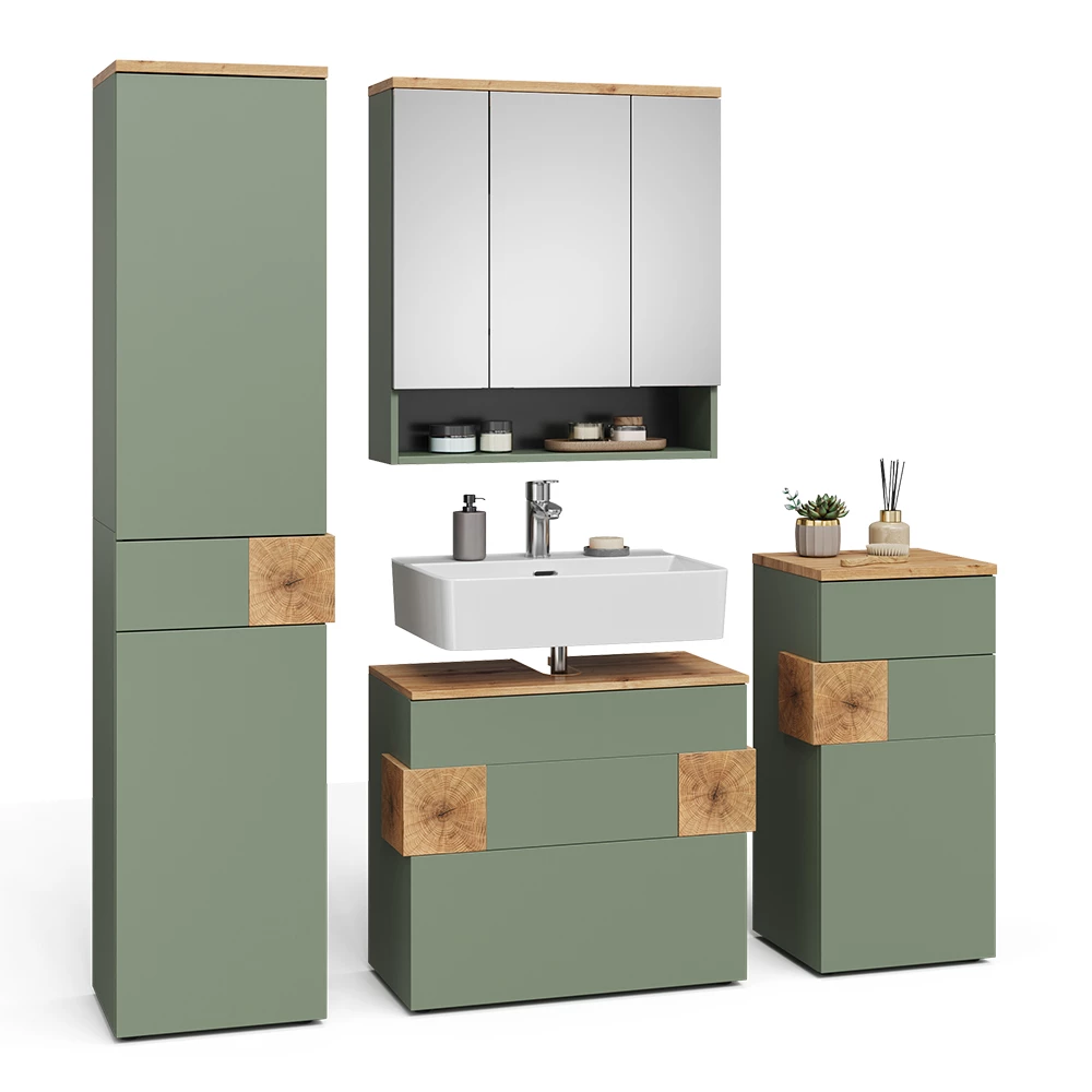 Badkamermeubelset in Groen on white background with decorative elements