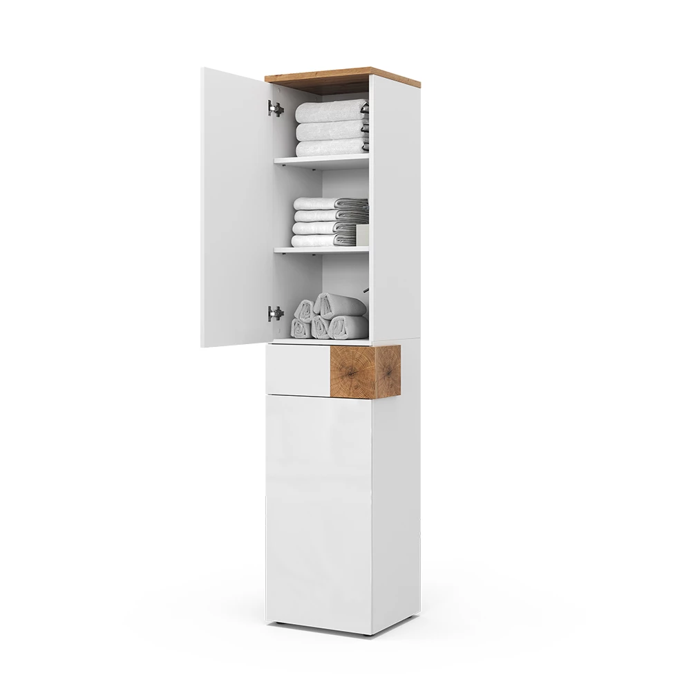 Badschrank in Weiß auf weißem Hintergrund mit dekorativen Elementen