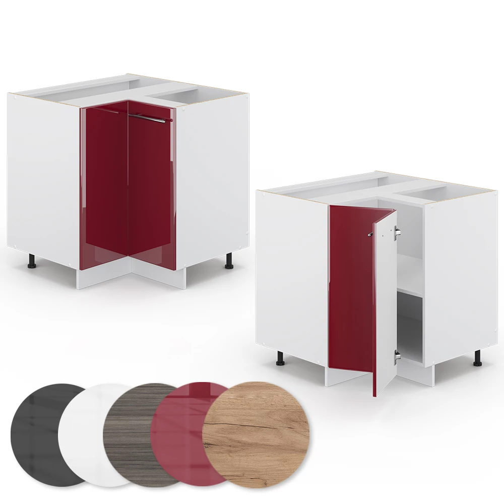 Nahaufnahme von Eckunterschrank in Bordeaux Hochglanz, zeigt Textur/Details