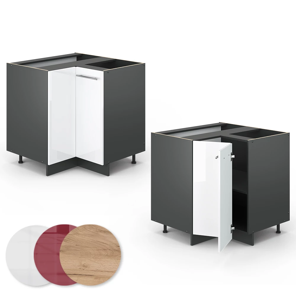 Nahaufnahme von Eckunterschrank in Weiß Hochglanz, zeigt Textur/Details