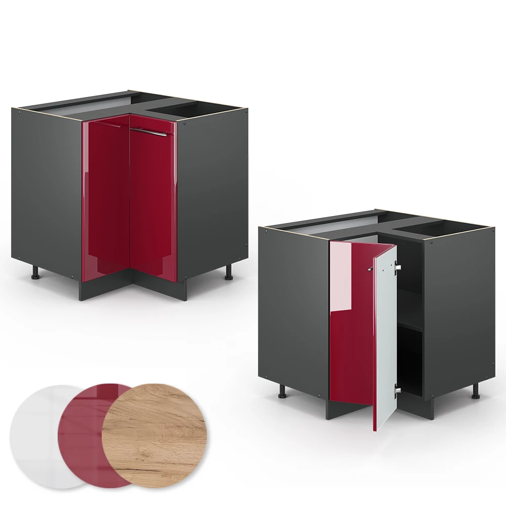 Nahaufnahme von Eckunterschrank in Bordeaux Hochglanz, zeigt Textur/Details