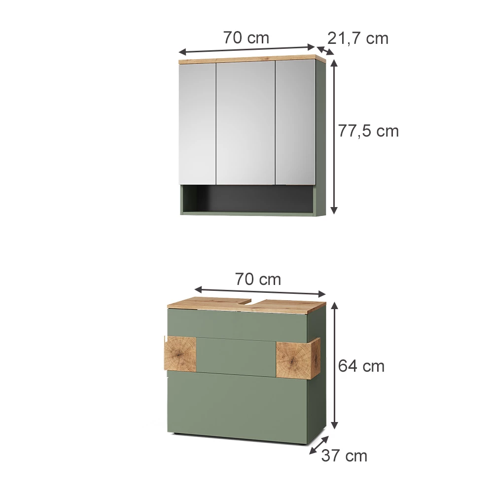 Badmöbel-Set in Grün auf weißem Hintergrund