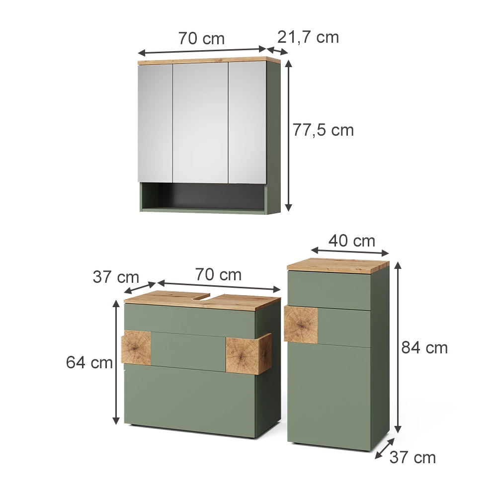 Badmöbel-Set in Grün auf weißem Hintergrund