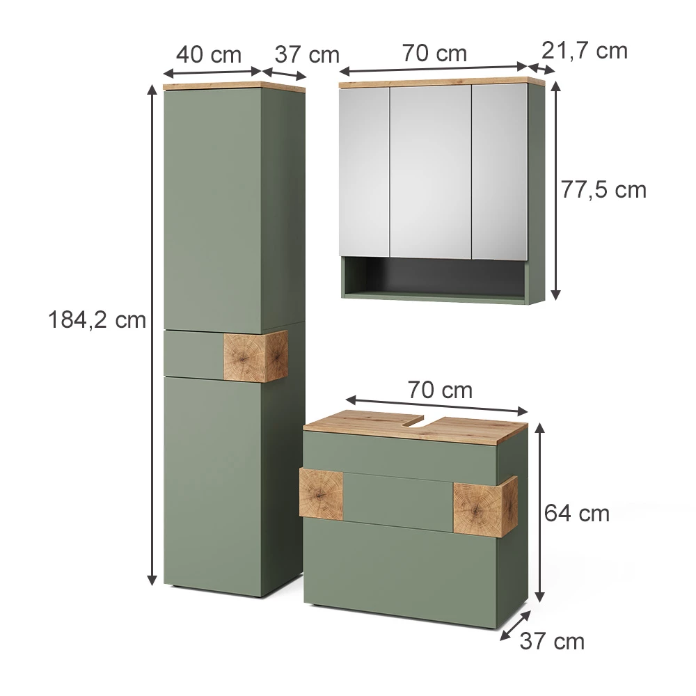 Badmöbel-Set in Grün auf weißem Hintergrund