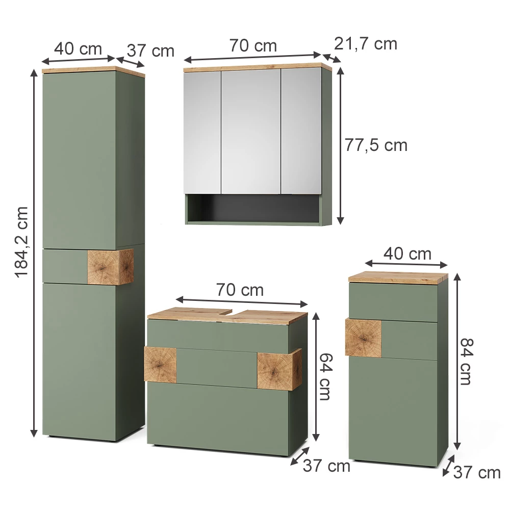 Badmöbel-Set in Grün auf weißem Hintergrund