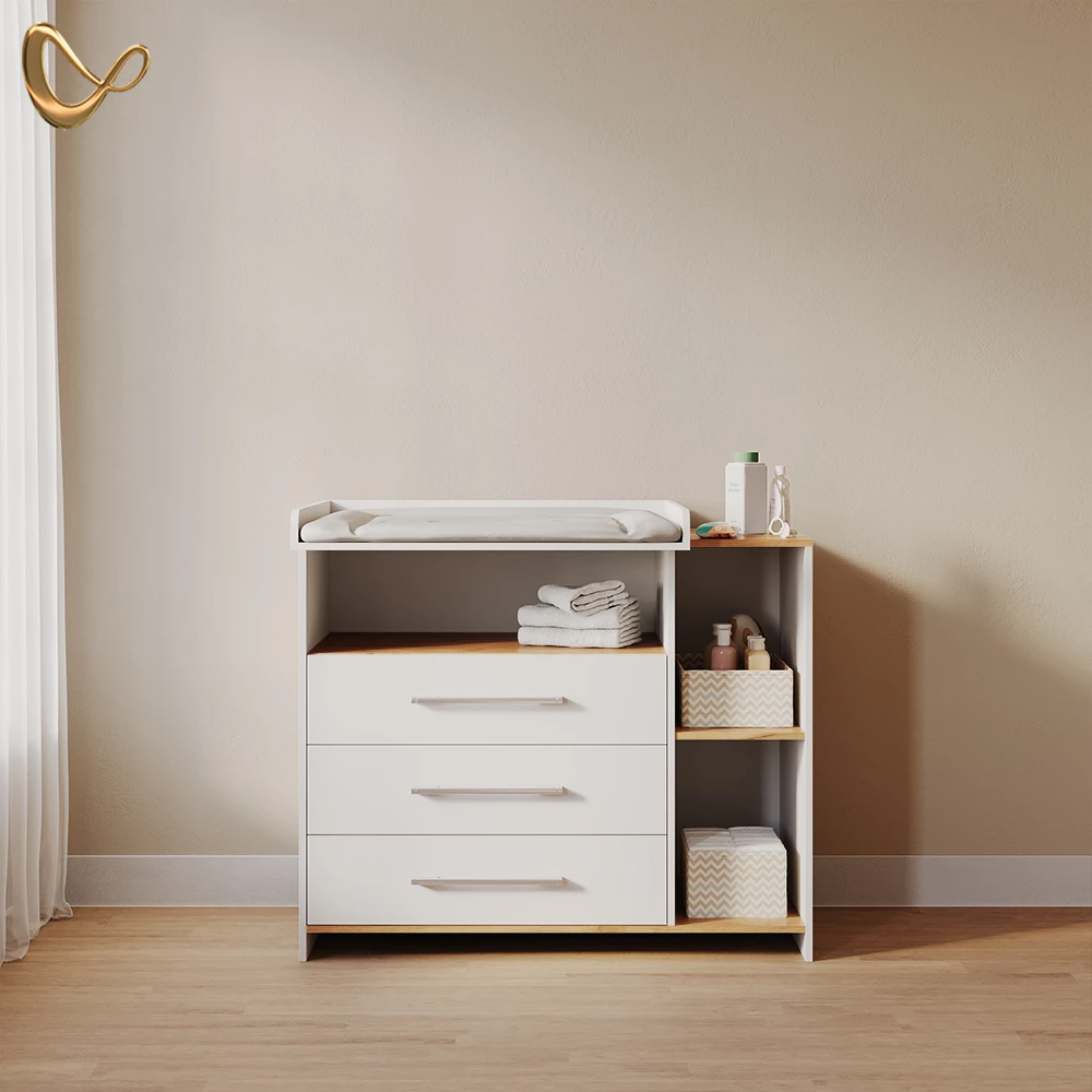 Wickelkommode Torino Weiß/Goldkraft Eiche mit 3 Schubladen livinity®